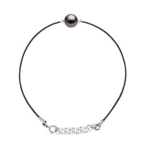Bracelet Love Links in Twisted Nylon of Black Color adorned with a Real Cultured Tahiti Pearl Round 8-9 mm