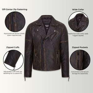Mens Vintage Black Brando Double Cross Zip Leather Biker Jacket- Fagernes