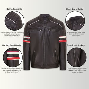 Mens Black Quilted Leather Biker Racing Jacket- Brevik