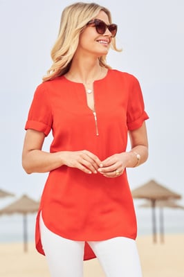 Red Zip Front Short Sleeve Tunic Top