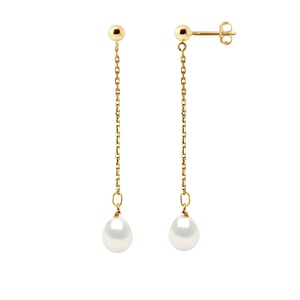 Bengelen oorbellen Gekweekte parels Zoetwater 7-8mm White Yellow Gold