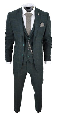 Heren 3-delige Wolkostuum Olijfgroen Tweed Ruit Peaky Blinders 1920 Gatsby Formeel