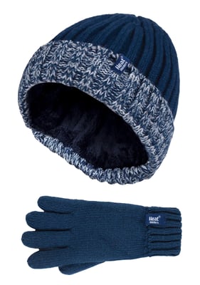 Heat Holders - Children Boys Winter Warm Fleece Lined Insulated Knit Turn Over Cuff Ribbed Hat and Gloves Set - NS1P9710