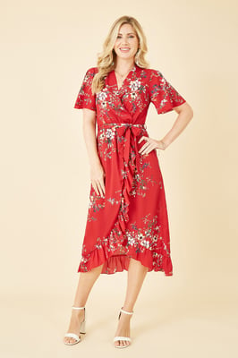 Red  Floral Dip Hem Wrap Midi Dress