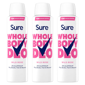 Sure Women Wild Rose Whole Body Deodorant Spray Aluminium Free 150ml, 3 Pack