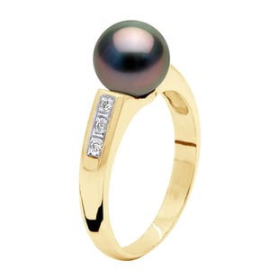 Ring Jewelry Diamond 0,06 Cts - Yellow Gold - Real Cultured Tahiti Pearl Round 8-9 mm