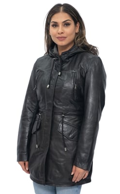 Dames leren parka jas met capuchon-Boekarest