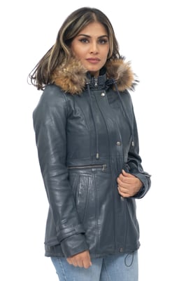 Dames lederen parka jas met capuchon-Putian