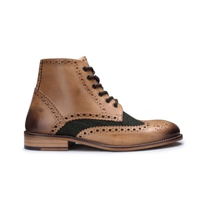 Heren klassieke Oxford Tan lederen Gatsby brogue enkellaarzen met groene tweed