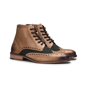 Heren klassieke Oxford Tan lederen Gatsby brogue enkellaarzen met groene tweed