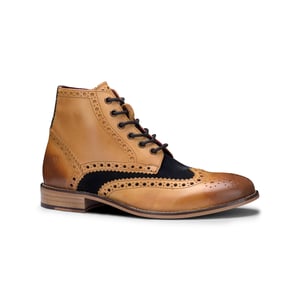 Heren klassieke Oxford Tan lederen Gatsby brogue enkellaarzen met marineblauw suède