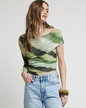 River Island Womens Bodysuit Green Mesh Asymmetric