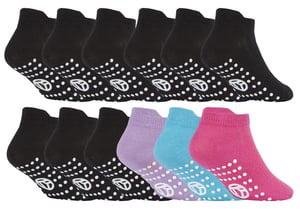 12 Pair Kids Low Cut Ankle Socks with Non Slip Sole - Pink / Black