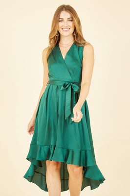 Mela Green Satin Dipped Hem Wrap Over Midi Dress