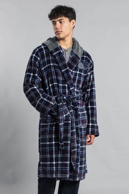 Navy Hooded Check Dressing Gown
