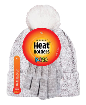 Heat Holders - Girls Bobble Pom Pom Hat and Gloves Set | Turn Over Cuff Hat & Cable Knit Gloves Style - Oatmeal Twist