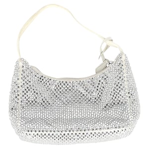 Prada Crystal-Embellished Re-Edition 2000 Bag in Cream Satin