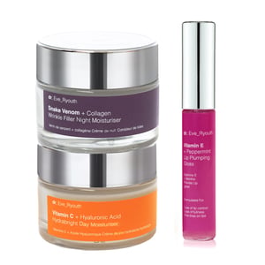 Vitamin C + Hyaluronic Acid Hydrabright Day Moisturiser 50ml + Snake Venom + Collagen Wrinkle Filler Night Moisturiser 50ml + Vitamin E Lip LPumps 8ml