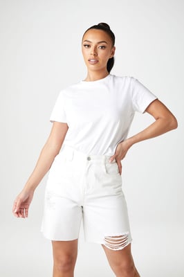 White High Waisted Ripped Longline Short