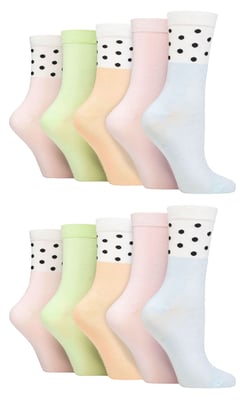 Wildfeet - 10 Pack Ladies Bamboo Crew Socks with Dots, Leopard & Floral Pattern - Spots Pastel