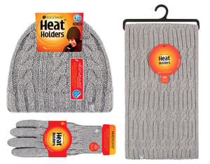 Ladies Knitted Hat Scarf & Gloves Set | Heat Holders | Womens Fleece Lined Thermal Cold Weather Set for Winter - Light Grey
