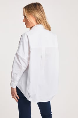 White Cotton Long Sleeve Poplin Popover High-Low Hem Shirt
