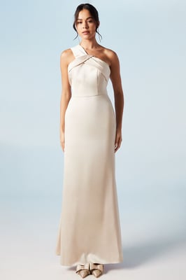 Asymmetric Neckline Satin Bridesmaids Maxi Dress