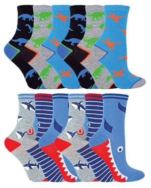 12 Pair Multipack Kids Novelty Bamboo Trainer Socks | Sock Snob | Breathable Low Cut Socks with Fun Designs - Pack 1 (Sharks & Dinosaurs)