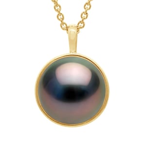 Halsband med pärlor och hänge i gult guld omgivet av diamanter - Äkta kultiverad Tahiti-pärla rund 10-11 mm