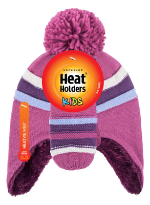 Heat Holders - Girls Winter Warm Pom Pom Bobble Beanie Hat and Mittens Set - Red Violet