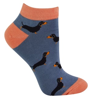 Ladies Bamboo Trainer Socks | Miss Sparrow | Breathable Low Cut Socks for Women - Sausage Dogs (Blue)