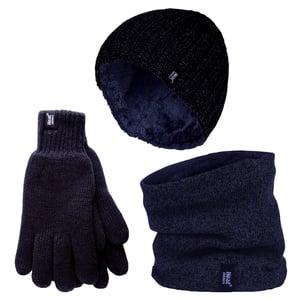 Mens Hat, Neck Warmer & Gloves Set | Heat Holders | Winter Knitted Warm Accessories Set - Navy