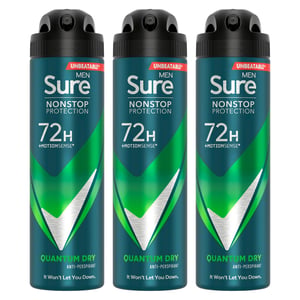 Sure Men Nonstop Protection 72H Anti-Perspirant Deodorant Quantum Dry 150ml, 3pk
