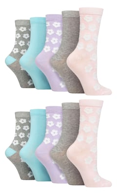 Wildfeet - 10 Pack Ladies Bamboo Crew Socks with Dots, Leopard & Floral Pattern - Multicolour