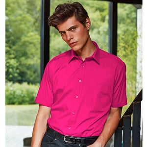 Premier Heren Korte Mouw Formele Poplin Gewoon Werk Shirt (Heet Roze)