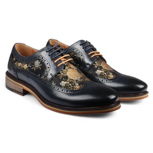 Justin Reess Heren Navy Blauw Leren Bloemenprint Brogue Dresschoenen - Ross
