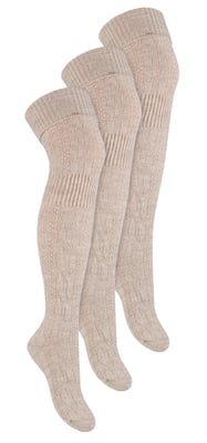 3 Pairs Womens Over The Knee Wool Socks | Steven | Ladies Extra Long Wool Socks - Beige