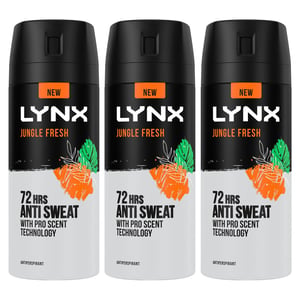 Lynx Jungle Fresh 72 HRS Anti Sweat Anti-Perspirant Body Spray for Men, 3x150ml