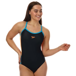 Speedo Dive Muscleback badpak met smalle bandjes voor dames, blauw-oranje