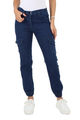 Womens Side Elastic Waist Self Cuffed Jeans in Dark Stonewash