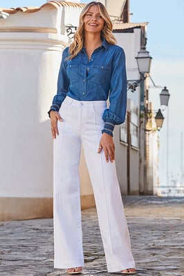 Mid Blue Shirred Cuff Denim Shirt
