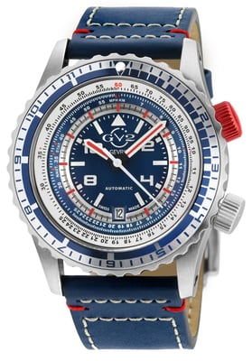 GV2 Contasecondi Men's Blue/Red Dial Blue Calfskin Leather Watch