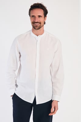 White Linen Blend Long Sleeve Button-Up Shirt With Grandad Collar