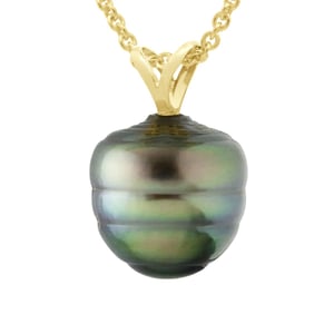 Beaded Pendant V Draad Geel Goud 750 en Echte GeCultiveerde Tahiti Parel Omgeven 9-10 mm