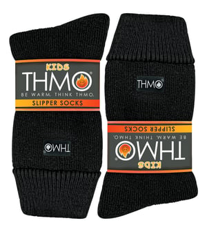 Kids Indoor Slipper Socks with Grippers | THMO | Thick & Warm Comfort Loose Top Non Slip Thermal Socks - Black