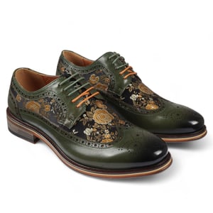 Justin Reess Heren Groene Leren Bloemenprint Brogue Dress Schoenen - Ross