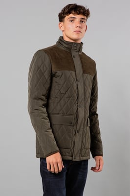 Khaki Diamond Quilted Jacket With Corduroy Detail