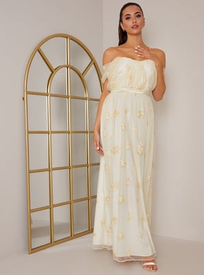 Bardot Embroidered Floral Dobby Lace Maxi Dress in Cream