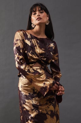 Metallic Marble Twist Front Bias Midi Dress