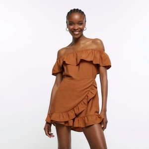 River Island Womens Playsuit Rust Bardot Frill